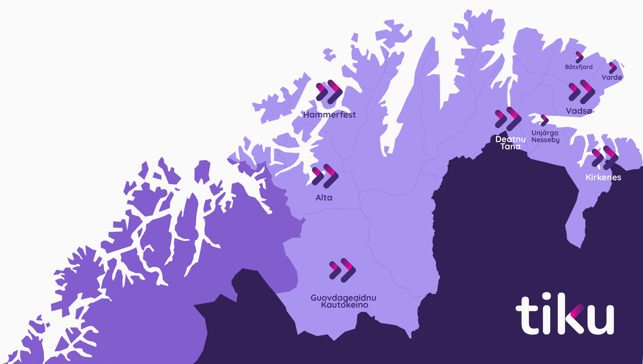 illustrativ kart av Finnmark der alle avdeling i TiKu er markert på selve kartet